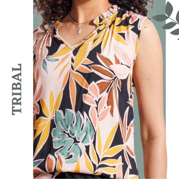 Tribal RUFFLE NECK SLEEVELESS BLOUSE-APRICOTTAN 44420-1434 Green Yellow Size XS - Picture 1 of 9